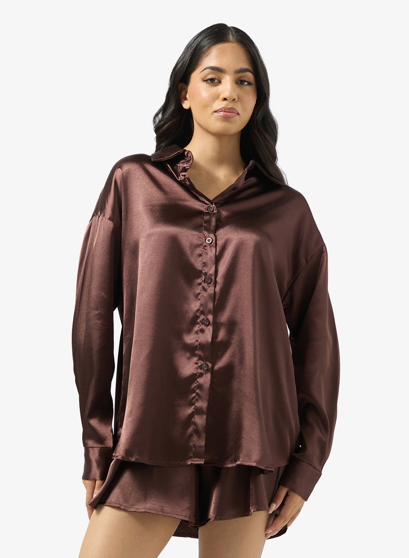 جينجر طقم بيجامة ساتان بأزرار و شورت - Image 3