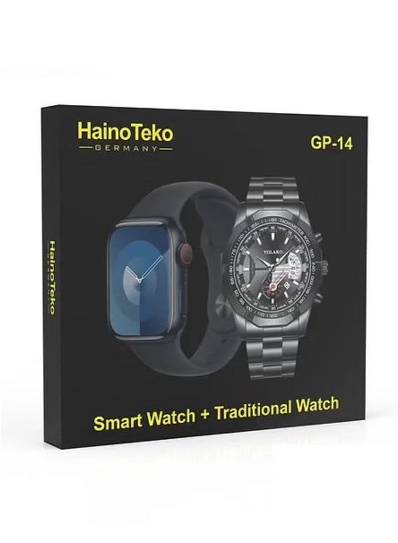 Haino Teko GP-14 2-in-1 Combo: Smart Watch + Traditional Analog Watch – Full Touchscreen Smartwatch with Fitness Tracking, Bluetooth Calling, Stylish Black Classic Watch for Men – Elegant Gift Set - Image 1