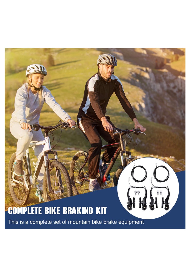 V Bike Brakes Set, 2 Sets Universal Complete Bike Brakes, Mountain Bike Replacement for Most Bicycle, Road Bike Brakes Cables with Front Back Wheels End Caps, End Ferrules, Black