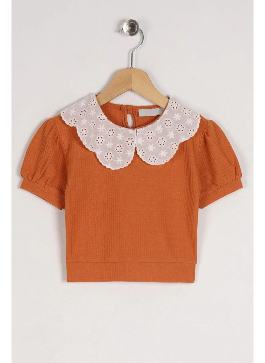 Zepkids Baby Collar Short Sleeve Baby Collar Lace Mini Checkered Brick Color Girl T-shirt