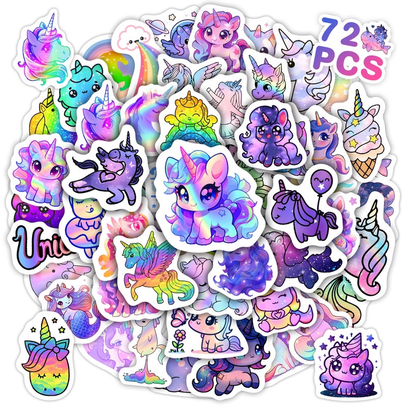Robmoda Holographic Unicorns Water Bottle Kids Stickers, 70 Pcs Animal Vinyl Waterproof Decals for Laptop, Phone Case Scrapbooking Decor for Teens Girls Boys Adults - Image 1