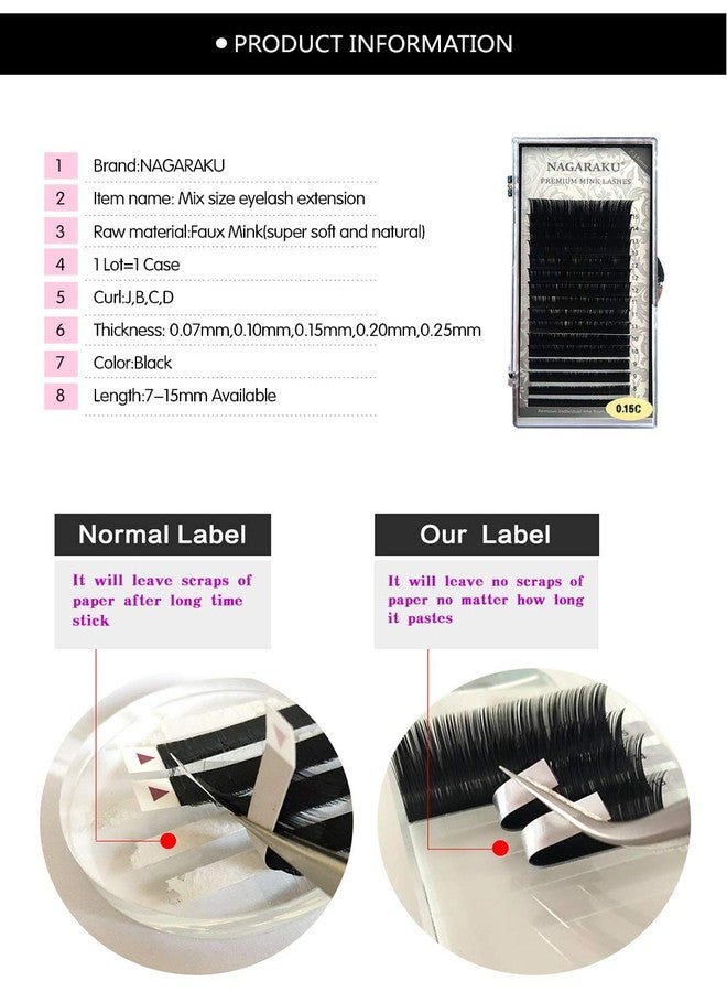 NAGARAKU Eyelash Extensions Individual Faux Mink Classic 7-15mm Mix Tray Matte Black Soft Natural 16 rows (0.07 Thickness, L Curl) - Image 2