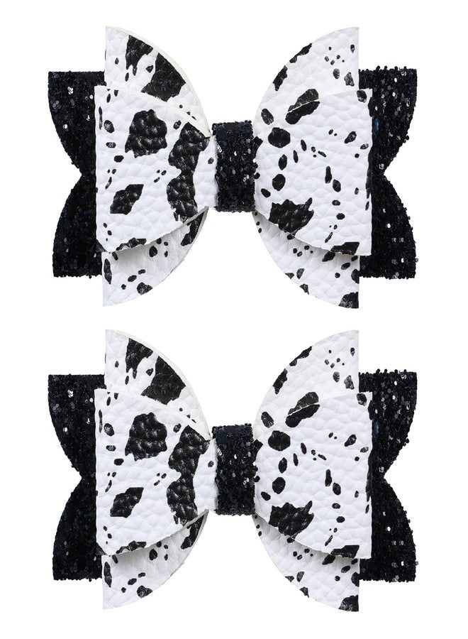 Miroksh 2pcs 3.5 in Glitter Cow Hair Bow Clips,Sparkly Black White Cow Print Bowknot Alligator Barrettes for Western Girls,Teens,Toddlers,Baby Birthday Party Dress Decor Accessories Gift - Image 1