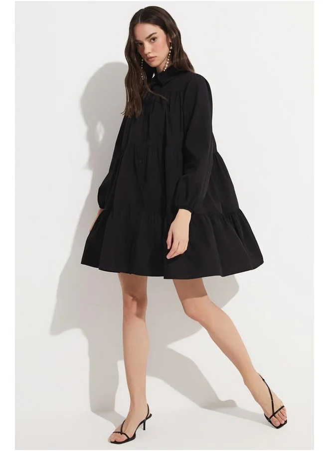 جون June Flounce Detailed Poplin Shirt Dress Black