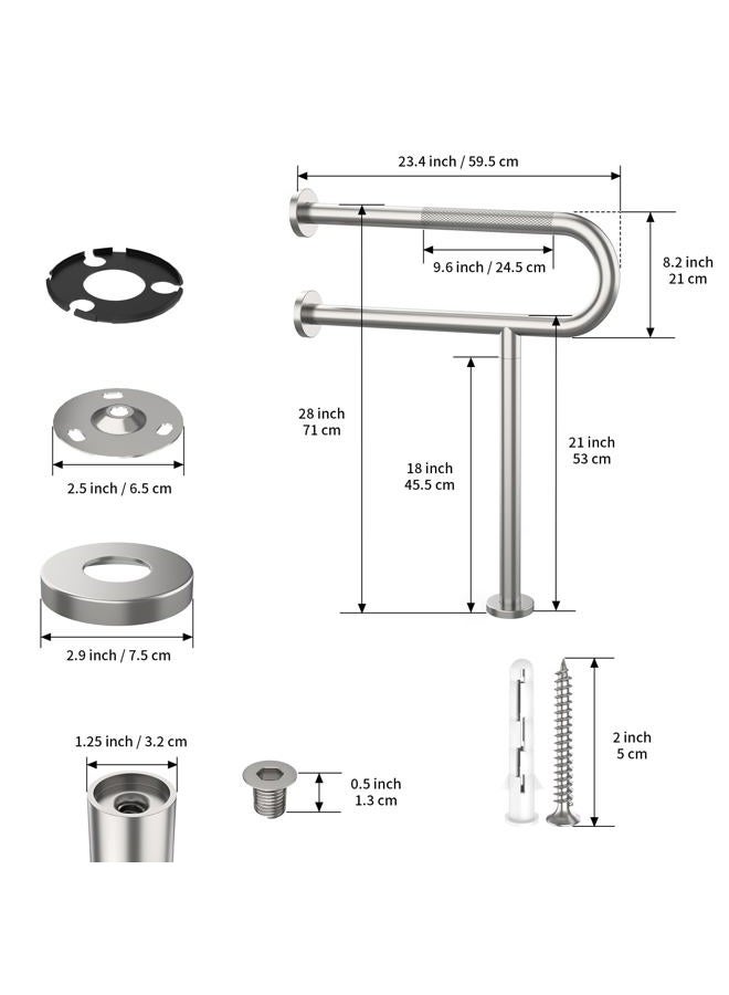 Munzong Toilet Support Rail 23.4X 28 Inch, Anti-Slip Satin Brushed Nickel Handicap Grab Bar for Bathroom, Stainless Steel Knurled Safety handrails with Leg for Elderly Disabled Pregnant-1.25'Tube - Image 2