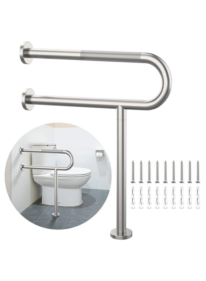 Munzong Toilet Support Rail 23.4X 28 Inch, Anti-Slip Satin Brushed Nickel Handicap Grab Bar for Bathroom, Stainless Steel Knurled Safety handrails with Leg for Elderly Disabled Pregnant-1.25'Tube - Image 1