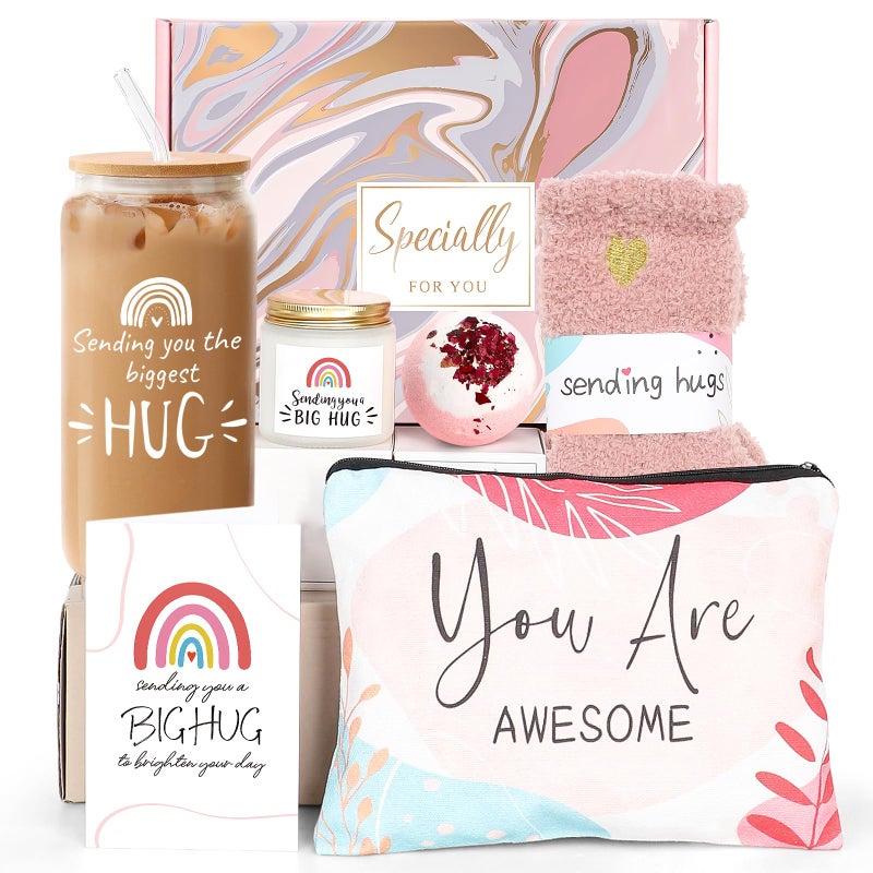 Get Well Soon Gift Baskets for Women Sending You Hug Gifts After Surgery Feel Better Gifts for Women Friend 6PCS Sick Care Package for Woman Encouragement Cheer up Gift with 16oz Glass