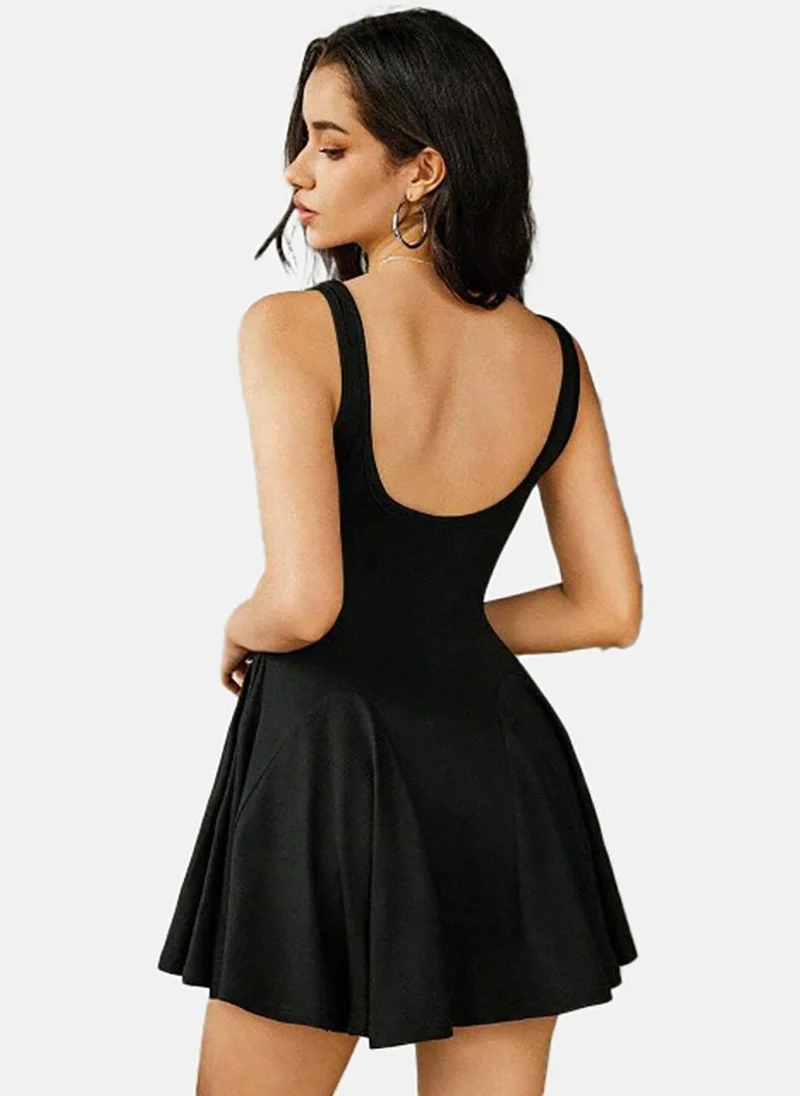 YUNIQEE Black Solid Sleeveless Round Neck Mini Fit & Flare Dress