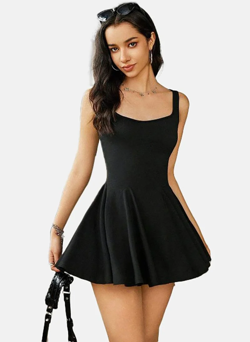 YUNIQEE Black Solid Sleeveless Round Neck Mini Fit & Flare Dress