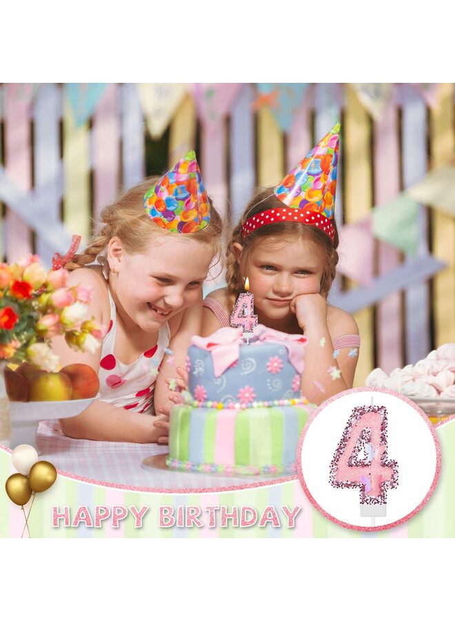 شموع عيد الميلاد الرابع، شموع عيد ميلاد وردية لامعة، زينة كعكة عيد ميلاد على شكل الرقم 4 مزينة بالترتر على شكل أميرة، مع 10 شموع رفيعة للكب كيك، زينة كعكة الحفلات. - Image 3