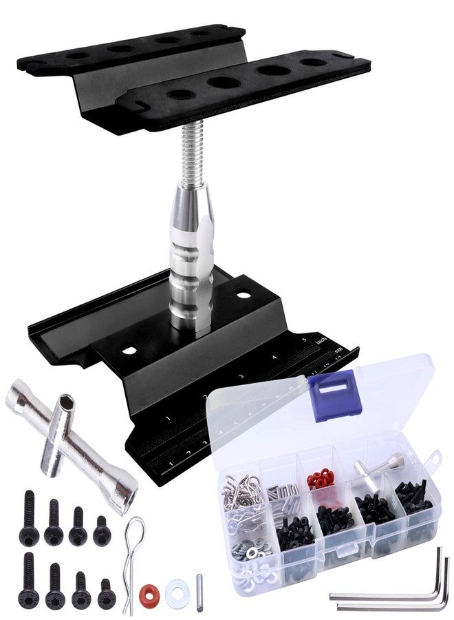 Hobbyfire Aluminum Alloy RC Car Repair Work Stand Hobby Tool Set 360 Degree Rotation Lift/Lower and RC Screws Kit Repair Tool Box for 1/8 1/10 1/12 1/16 1/18 RC Car Truck Buggy Models (Black) - Image 1