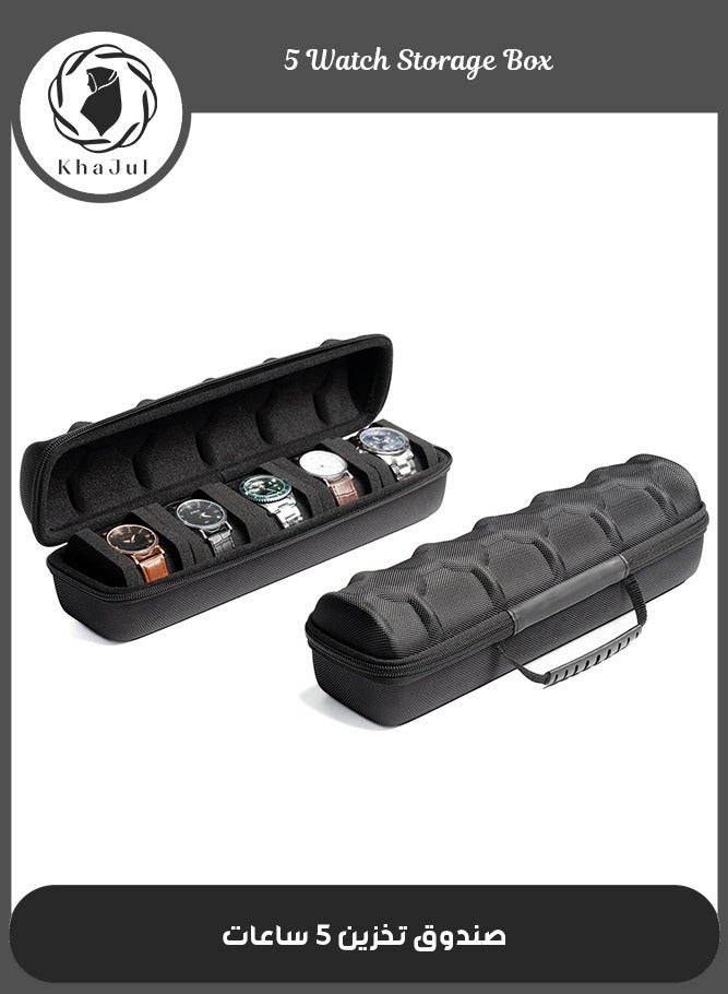 خاجول منظم ساعات للسفر، يتسع لخمس ساعات، منظم تخزين وعرض مع وسادة مبتكرة للساعات، مناسب للساعات الكبيرة حتى مقاس 60 مم (أسود) - Image 1