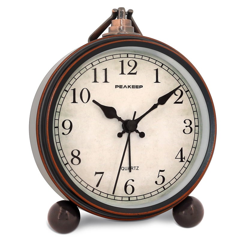 Peakeep 4 Small Battery Operated Antique Retro Analog Alarm Clock with Contour Lines in Gold for Room Decors Silent Elegant Bedside Desk Gift Clock
