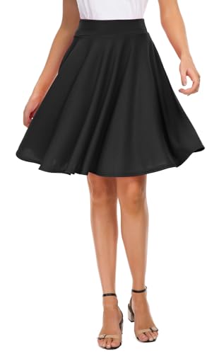 EXCHIC Women's Casual Stretchy Flared Skater Skirt Basic A-Line Pleated Midi Skirt (S, Black) - Image 1