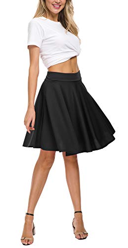 EXCHIC Women's Casual Stretchy Flared Skater Skirt Basic A-Line Pleated Midi Skirt (S, Black) - Image 3