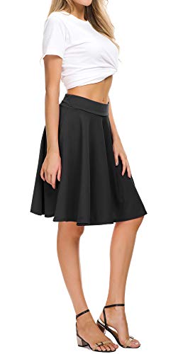 EXCHIC Women's Casual Stretchy Flared Skater Skirt Basic A-Line Pleated Midi Skirt (S, Black) - Image 2