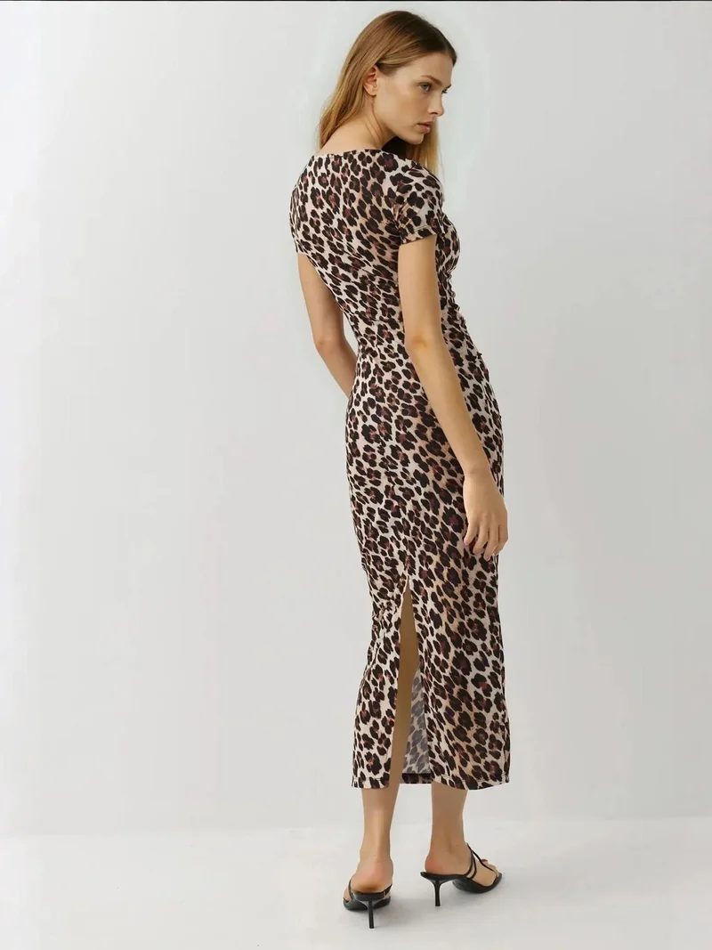 HICCUP Multicolor Leopard Print Fitted Maxi Dress with Short Sleeves for Women | Best Price UAE