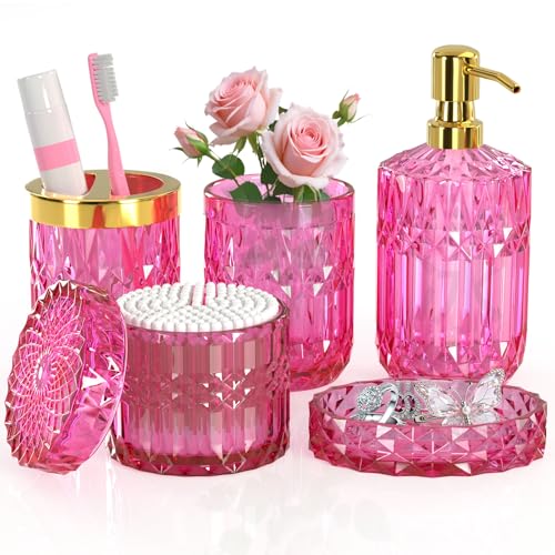 QIQU Hot-Pink Glass Bathroom Accessories Set 5 Pcs, Hot-Pink Bathroom Set, Soap Dispenser and Toothbrush Holder Set, Qtip Holder Set, Vintage Bathroom Sink Set, Cute Bathroom Decor - Image 1