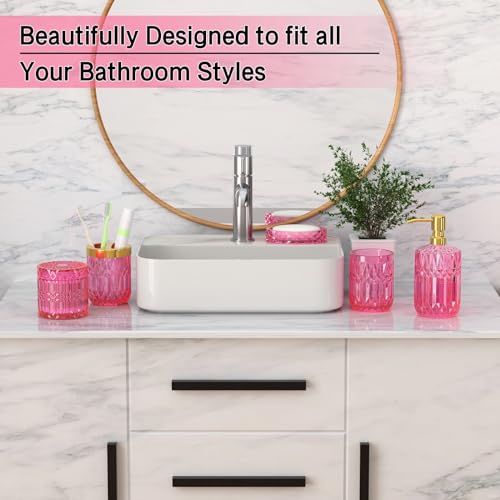 QIQU Hot-Pink Glass Bathroom Accessories Set 5 Pcs, Hot-Pink Bathroom Set, Soap Dispenser and Toothbrush Holder Set, Qtip Holder Set, Vintage Bathroom Sink Set, Cute Bathroom Decor - Image 3