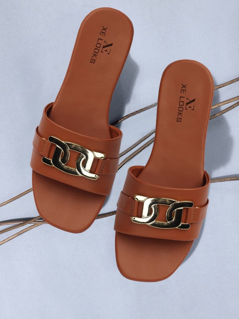 XE Looks Women's Tan Buckle Design Effortless Soft & Comfortable Slipper | Versatile and Comfortable Flats For Girls & Women - Image 2