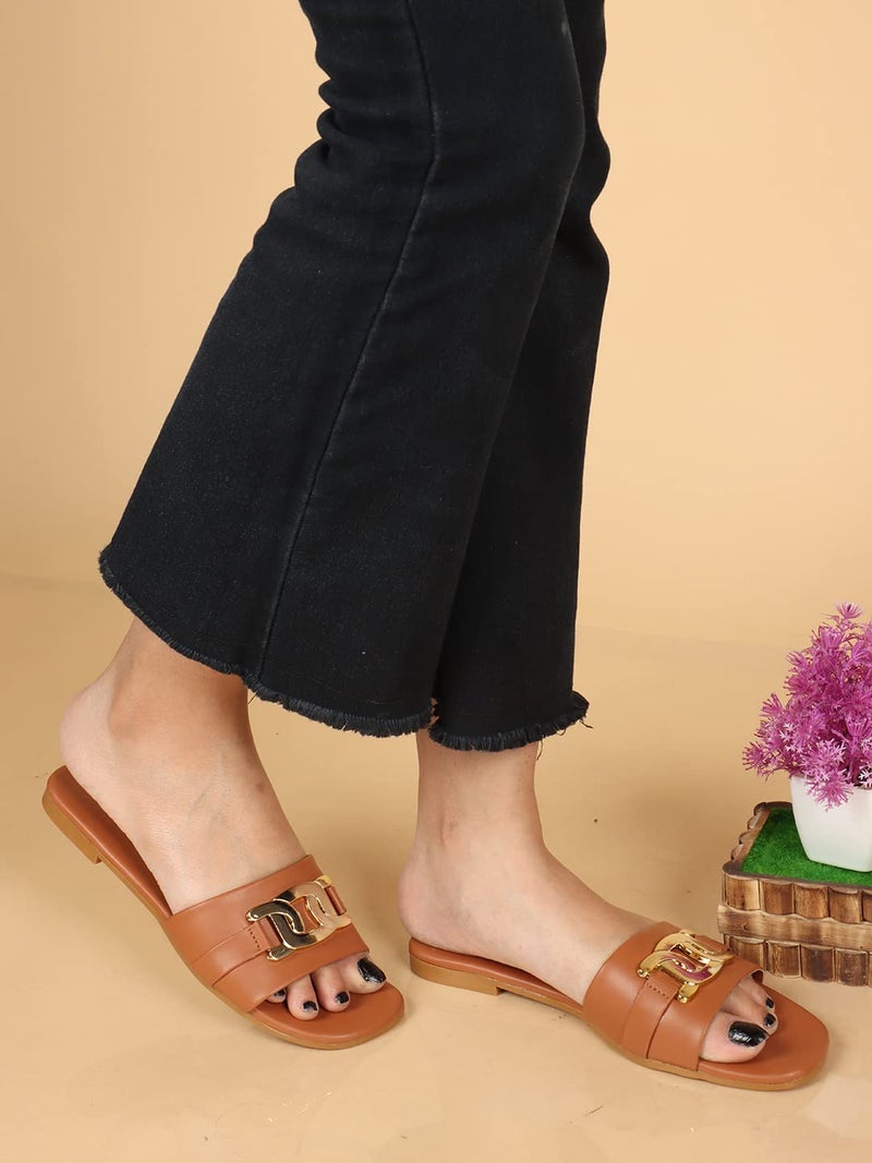 XE Looks Women's Tan Buckle Design Effortless Soft & Comfortable Slipper | Versatile and Comfortable Flats For Girls & Women - Image 4