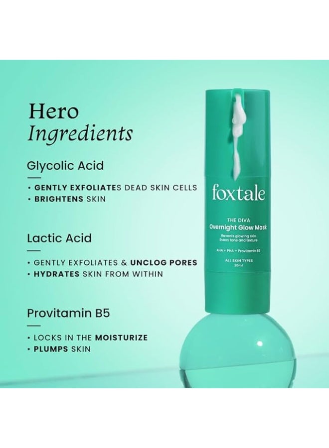foxtale 2% Glycolic + 2% Lactic Acid Overnight Glow Mask With AHA, PHA & Provitamin B5 30 second facial for salon like brightening For clear, smooth, soft skin Men and Women 30 ml, Green - Image 4