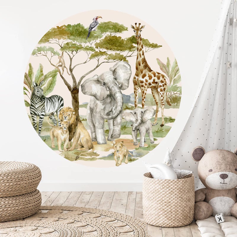 Jungle Animals Wall Decal  African Safari Animal Peel and Stick Circle Wall Sticker  Elephant  Giraffe Stickers for Baby Boys  Girls Bedroom  Playroom
