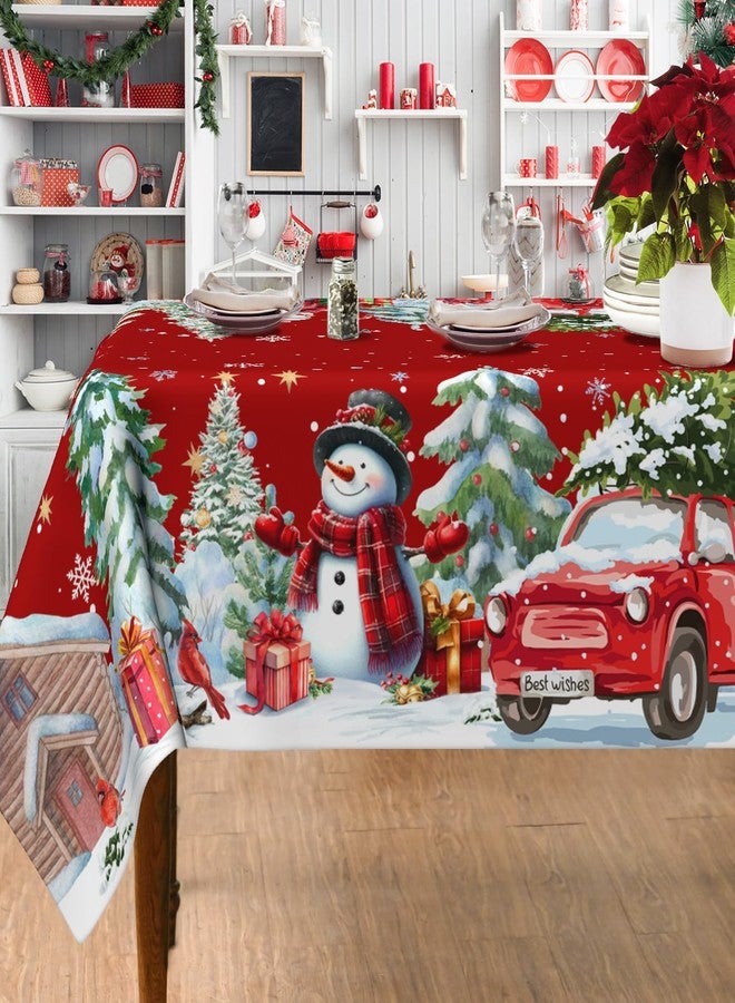 LEWARAN Christmas Tablecloth 60x84 Inch Rectangle, Christmas Decorations For Home Snowmen Red Table Cloth Festival, Xmas Snowmen Tablecloths Cover Oblong Polyester Vintage for Winter Picnic Party Dinner - Image 1
