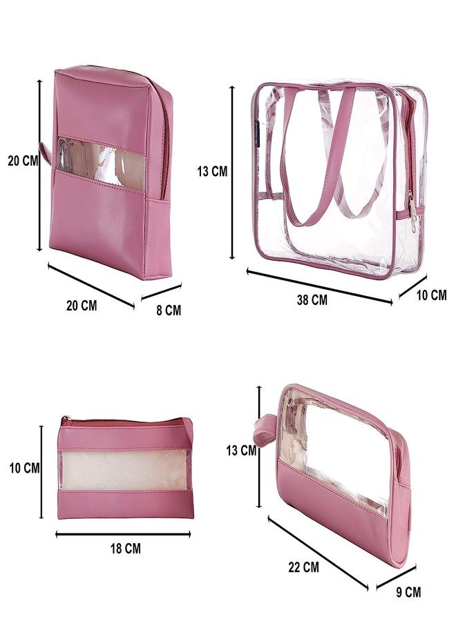 Hexwell مجموعة هيكسويل من 4 حقائب سفر شفافة متعددة الأغراض، حقيبة أدوات تجميل، حقيبة مستحضرات تجميل للنساء، حقيبة تنظيم مكياج، حقيبة أدوات حلاقة للنساء - لون وردي - Image 4