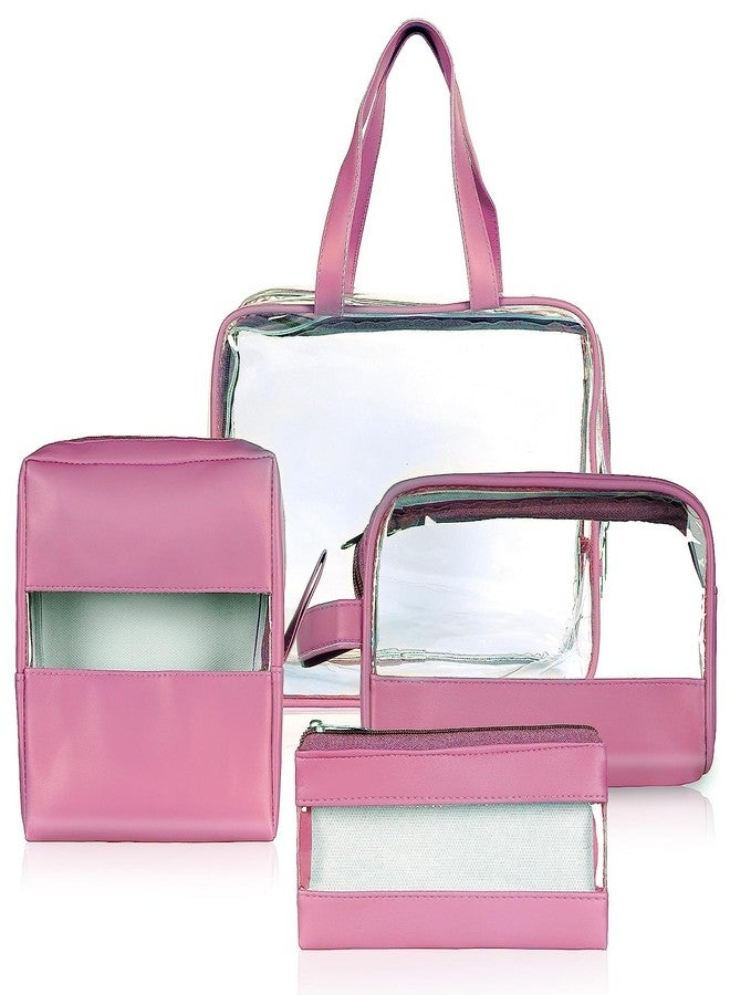 Hexwell مجموعة هيكسويل من 4 حقائب سفر شفافة متعددة الأغراض، حقيبة أدوات تجميل، حقيبة مستحضرات تجميل للنساء، حقيبة تنظيم مكياج، حقيبة أدوات حلاقة للنساء - لون وردي - Image 1
