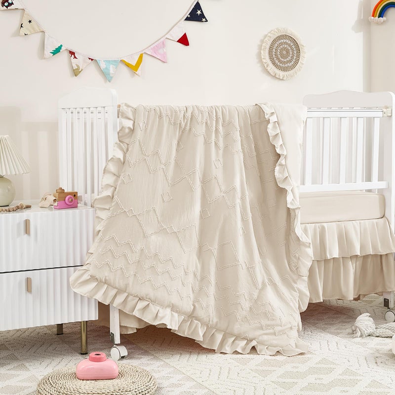 NacoMoco 3-Piece Tufted Ruffle Crib Bedding Set for Girls Boys - Soft Cute Nursery Bedding Set Includes Boho Crib Comforter, Crib Sheet, and Crib Skirt (Beige) - Image 1