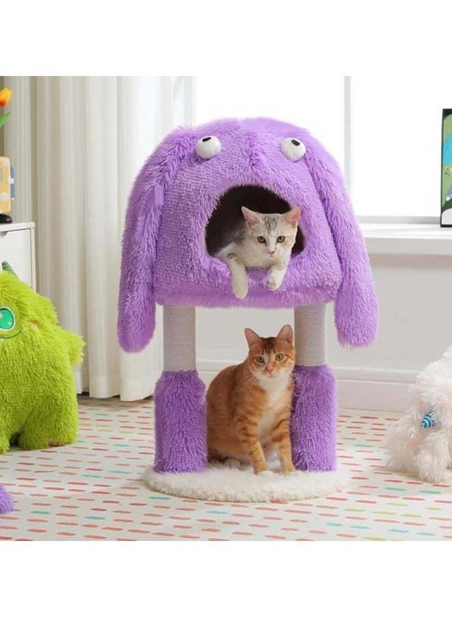 اليسا شجرة قطط على شكل وحش، عمود خدش للقطط 2 في 1 مع شقة كبيرة مريحة، برج قطط بتصميم فني مع سرير ناعم قابل للإزالة للقطط الداخلية (أرجواني، متوسط) - Image 2
