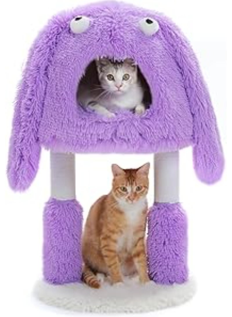 اليسا شجرة قطط على شكل وحش، عمود خدش للقطط 2 في 1 مع شقة كبيرة مريحة، برج قطط بتصميم فني مع سرير ناعم قابل للإزالة للقطط الداخلية (أرجواني، متوسط) - Image 1