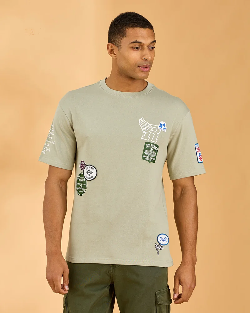 Redtag Men Green Embellished Terry T-Shirt