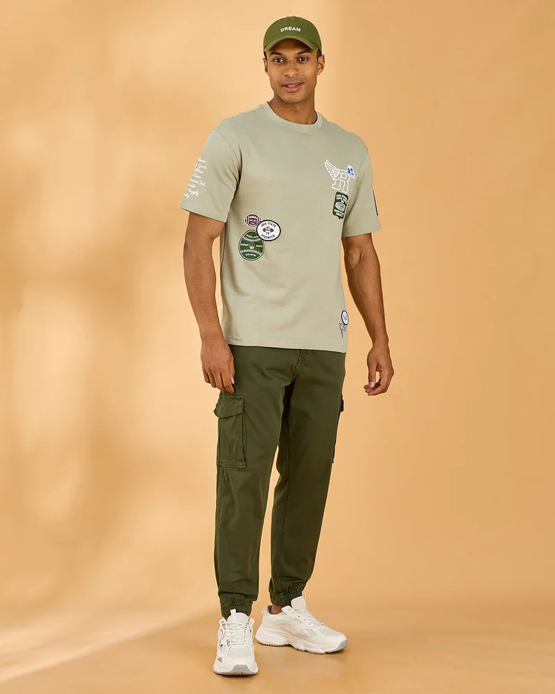 Redtag Men Green Embellished Terry T-Shirt