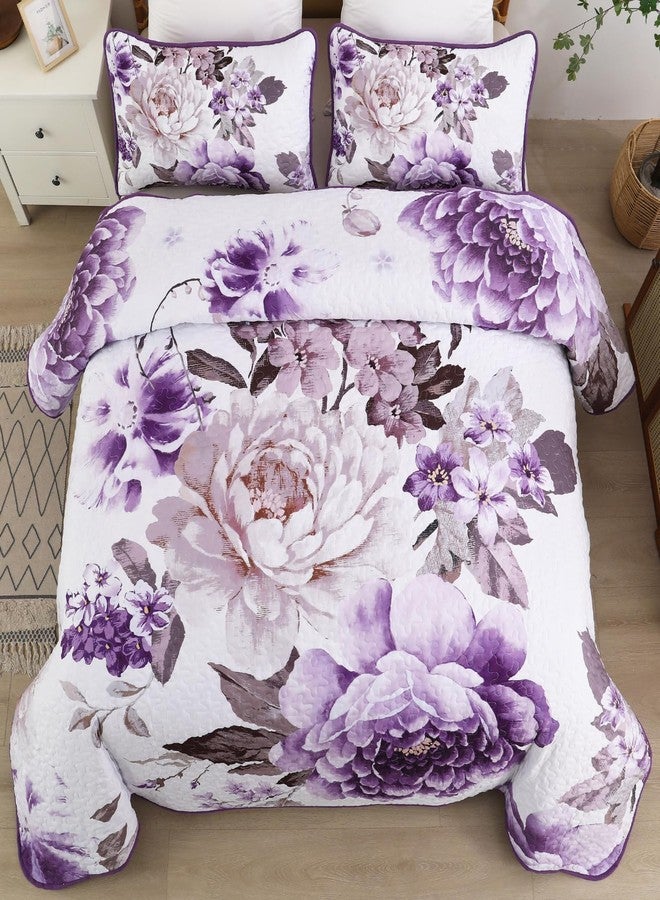 WONGS BEDDING طقم لحاف مزهر من وونغز بيدينغ، لون بنفسجي، مقاس كوين، طقم لحاف خفيف الوزن مطبوع ومبطن مناسب لجميع الفصول، طقم غطاء سرير نباتي قابل للعكس مكون من 3 قطع مع غطاءين للوسائد. - Image 2