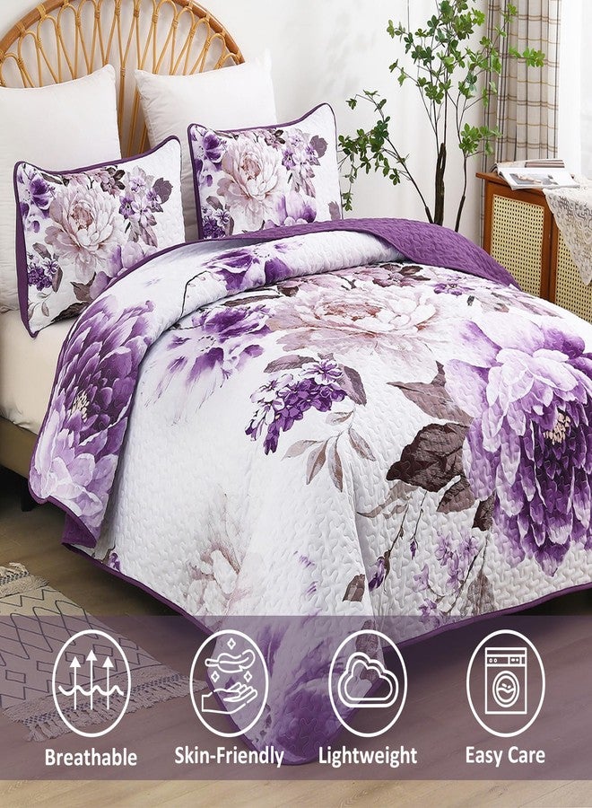 WONGS BEDDING طقم لحاف مزهر من وونغز بيدينغ، لون بنفسجي، مقاس كوين، طقم لحاف خفيف الوزن مطبوع ومبطن مناسب لجميع الفصول، طقم غطاء سرير نباتي قابل للعكس مكون من 3 قطع مع غطاءين للوسائد. - Image 3