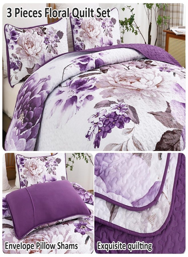 WONGS BEDDING طقم لحاف مزهر من وونغز بيدينغ، لون بنفسجي، مقاس كوين، طقم لحاف خفيف الوزن مطبوع ومبطن مناسب لجميع الفصول، طقم غطاء سرير نباتي قابل للعكس مكون من 3 قطع مع غطاءين للوسائد. - Image 4