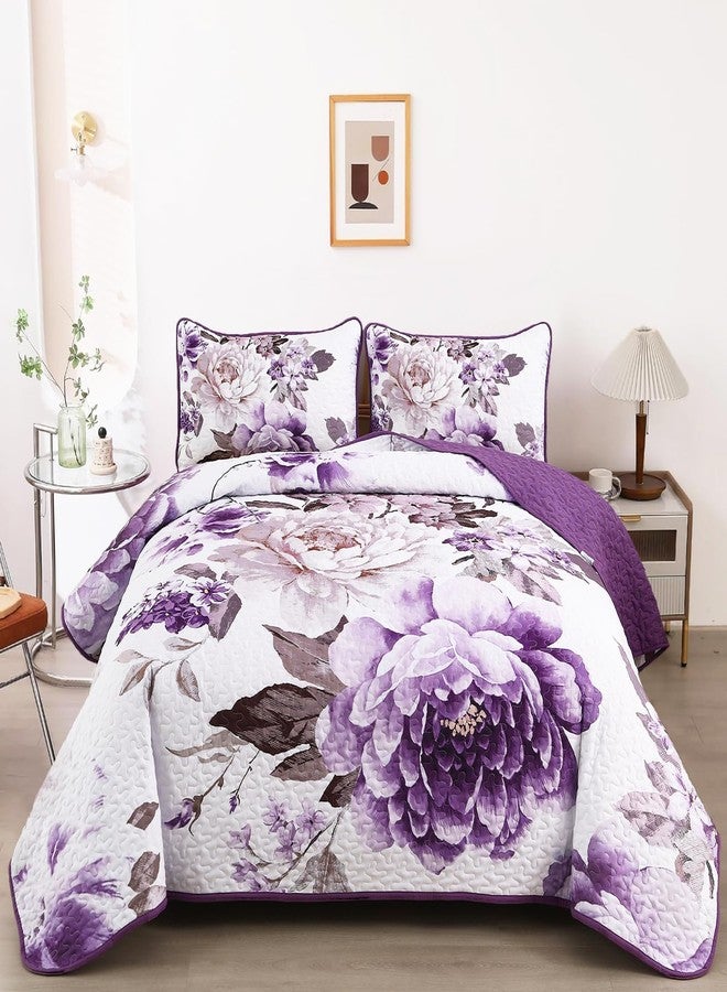WONGS BEDDING طقم لحاف مزهر من وونغز بيدينغ، لون بنفسجي، مقاس كوين، طقم لحاف خفيف الوزن مطبوع ومبطن مناسب لجميع الفصول، طقم غطاء سرير نباتي قابل للعكس مكون من 3 قطع مع غطاءين للوسائد. - Image 1