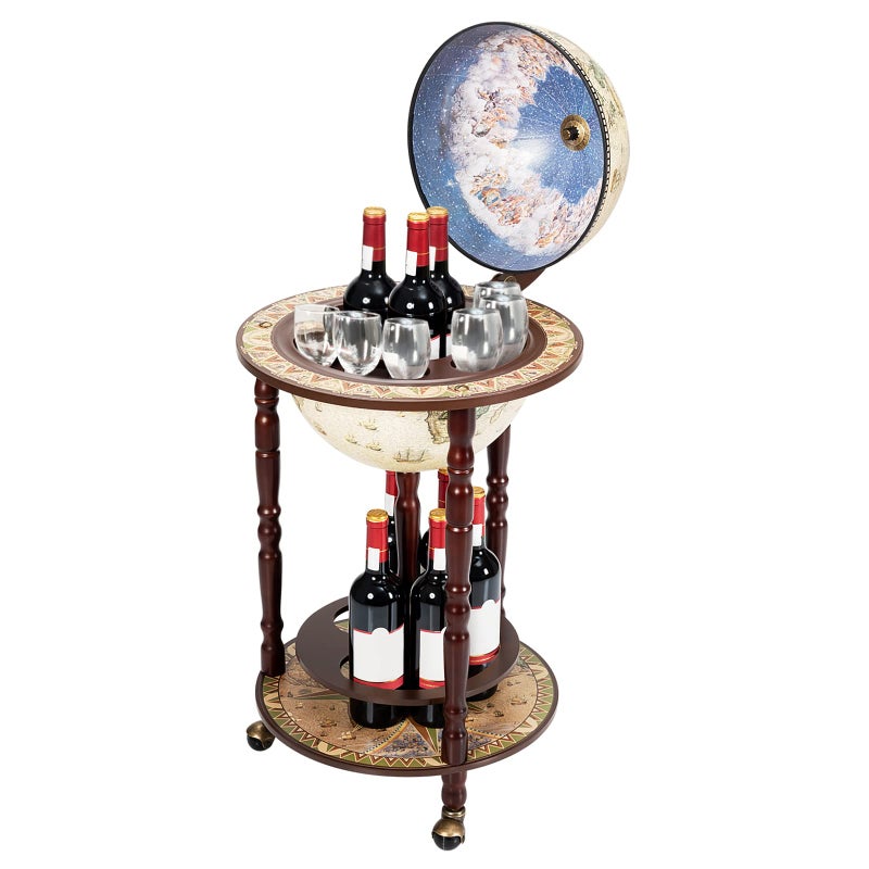 COSTWAY Globe Wine Bar Cabinet, Italian Replica Bar Cart with Wheels and Liquor Bottle Shelf, Solid Wood Wine Bar Stand for Home, Kitchen, Bar, Pub (Cream White) - Image 1
