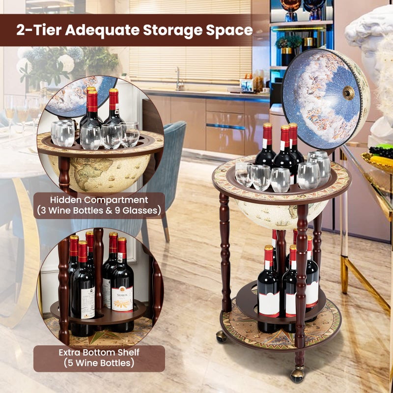COSTWAY Globe Wine Bar Cabinet, Italian Replica Bar Cart with Wheels and Liquor Bottle Shelf, Solid Wood Wine Bar Stand for Home, Kitchen, Bar, Pub (Cream White) - Image 4