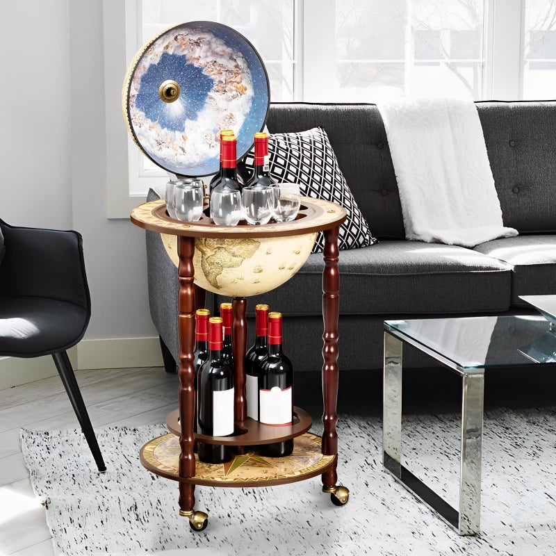 COSTWAY Globe Wine Bar Cabinet, Italian Replica Bar Cart with Wheels and Liquor Bottle Shelf, Solid Wood Wine Bar Stand for Home, Kitchen, Bar, Pub (Cream White) - Image 2