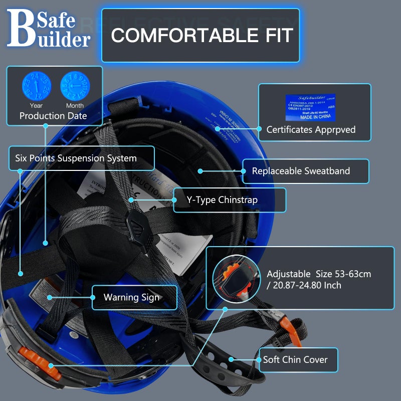 Safebuilder Safety Helmet Hard Hat With Visor Clear & Tinted Adjustable Vented Abs Work Helmet 6-Point Suspension Ansi Z89.1 Approved For Industrial (Blue Hat With Clear & Tinted Visor) - Image 4