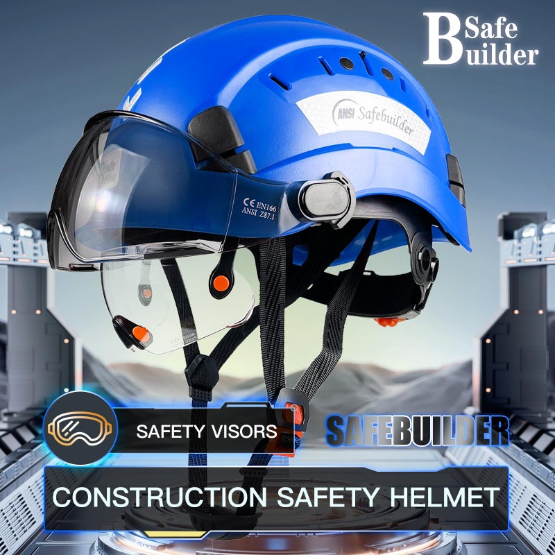 Safebuilder Safety Helmet Hard Hat With Visor Clear & Tinted Adjustable Vented Abs Work Helmet 6-Point Suspension Ansi Z89.1 Approved For Industrial (Blue Hat With Clear & Tinted Visor) - Image 2