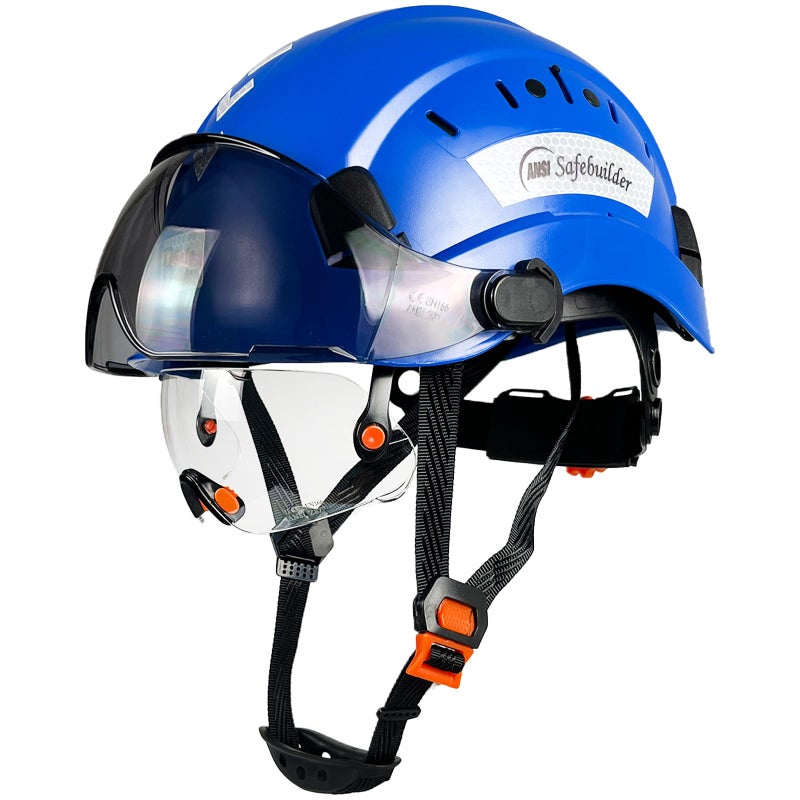 Safebuilder Safety Helmet Hard Hat With Visor Clear & Tinted Adjustable Vented Abs Work Helmet 6-Point Suspension Ansi Z89.1 Approved For Industrial (Blue Hat With Clear & Tinted Visor) - Image 1