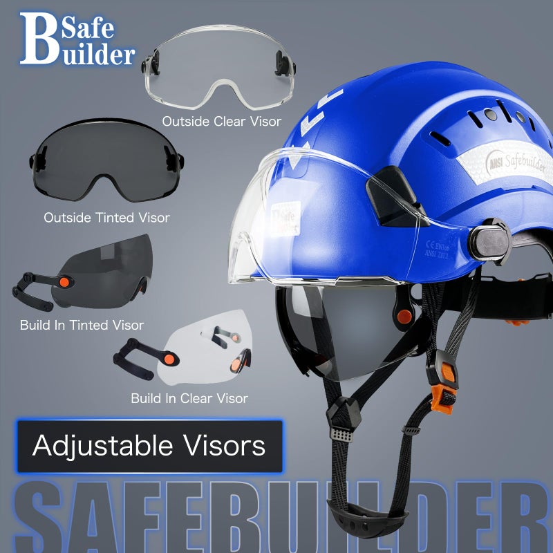 Safebuilder Safety Helmet Hard Hat With Visor Clear & Tinted Adjustable Vented Abs Work Helmet 6-Point Suspension Ansi Z89.1 Approved For Industrial (Blue Hat With Clear & Tinted Visor) - Image 5