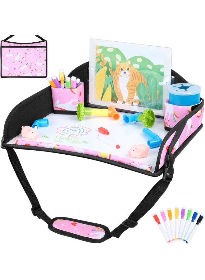 COOLBEBE صينية سفر COOLBEBE للأطفال لمقاعد السيارة، صينية سفر للطائرة، صينية حضن لمقاعد السيارة للأطفال، صينية قابلة للطي مع تخزين، صينية طاولة لمقاعد السيارة لأنشطة السفر للأطفال، وحيد القرن - Image 1