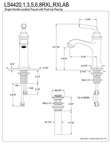 Kingston Brass LS4423RXL Restoration Bathroom Faucet Brushed Brass 588 x 513 x 869 - Image 3