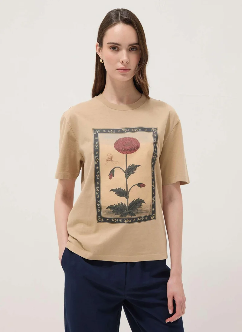 Ovs  OVS Beige Pure Cotton T-Shirt With Floral Print for Women | Best Price UAE