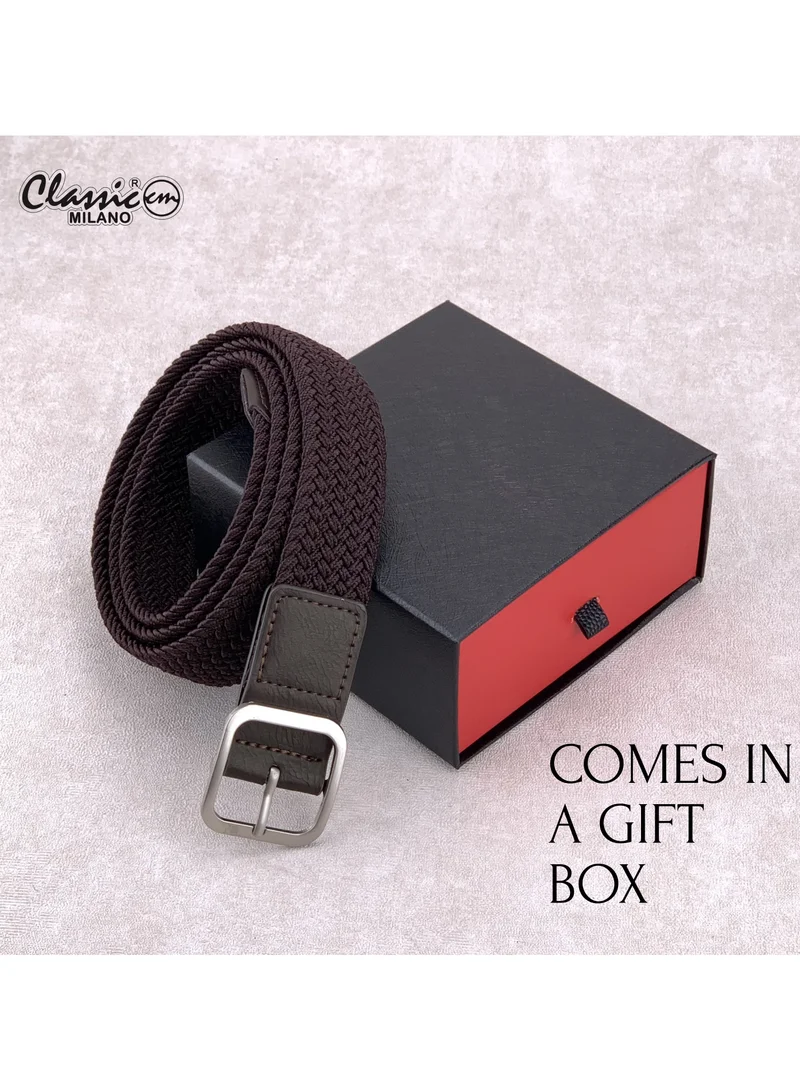 Classic Milano Brown (DWE-314) Classic Milano Braided Cotton Elastic Stretch Belt for Men & Women, Woven Canvas Web Belt with Gift Box, Adjustable Men's Belt | Full Length: 110CM (Free Size - Fits up to the waist of 40 Inches / 100 CM)  | Best Price UAE